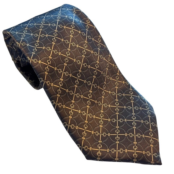 Luciano Toscani Other - Vtg Luciano Toscani Horsebit 100% Silk Tie Men Taupe Brown Gold Gucci Made Italy
